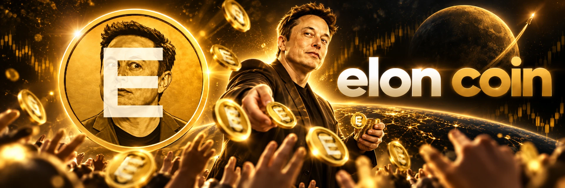Elon Coin artwork — golden coins raining over Earth
